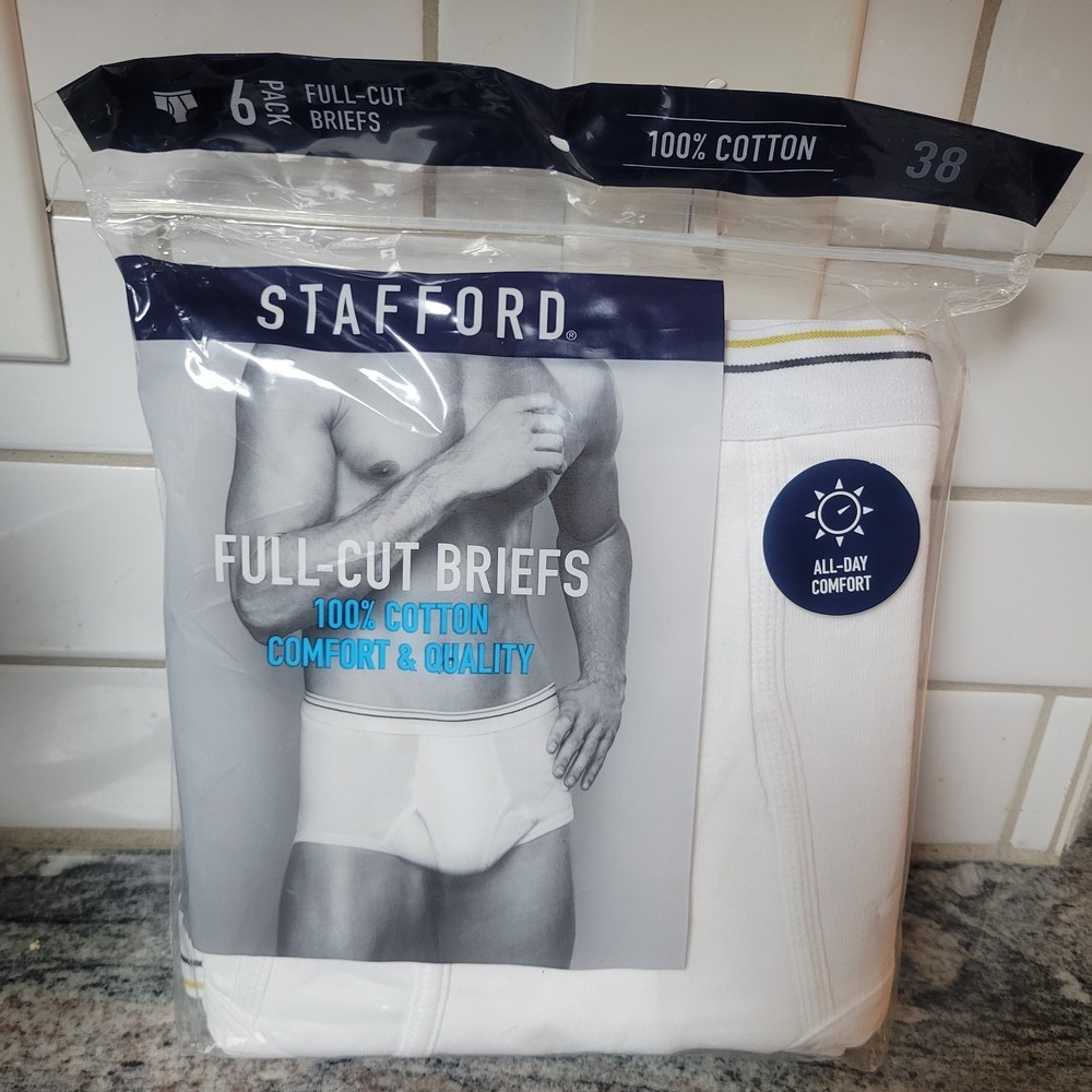 MEN'S STAFFORD FULL-CUT BRIEFS, PACK OF 6, SIZE: 38 - NIP